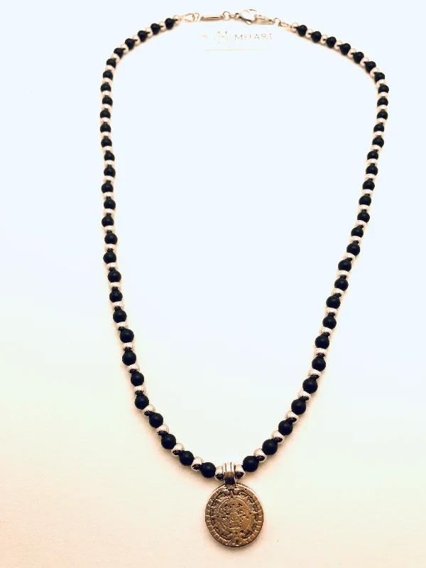 Ladies statement pendant necklaces-Black Onyx Coin Necklace