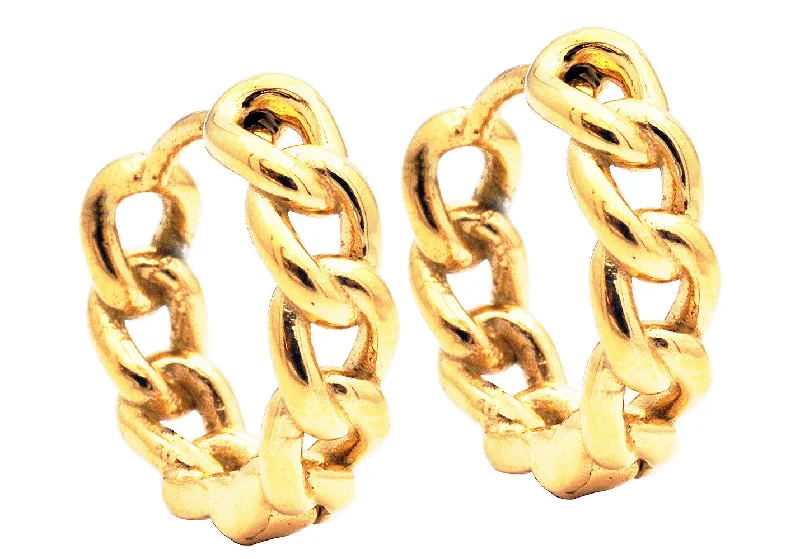 Ladies heart drop earrings-Men's 14mm Gold Plated Stainless Steel Curb Hoop Earrings