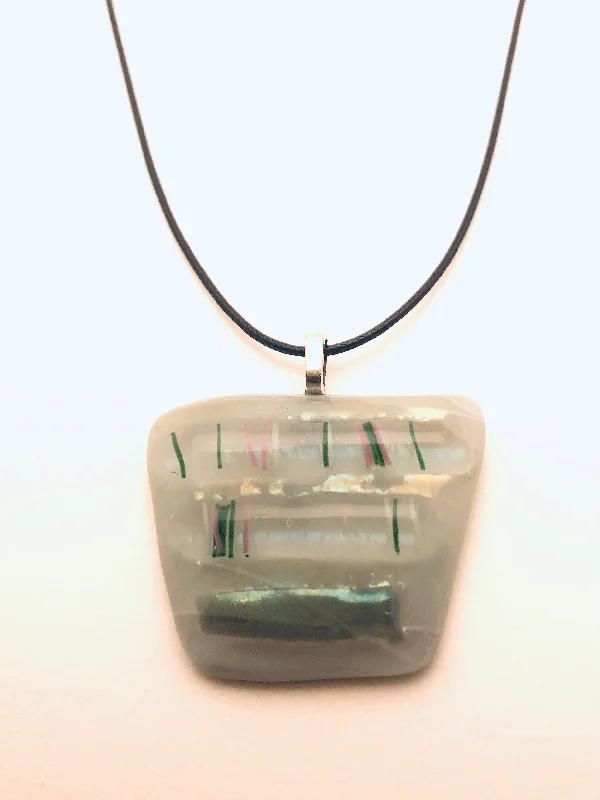 Ladies fashionable necklaces-Necklace with fused Glass Pendant, large pendant, milky white with green stripes