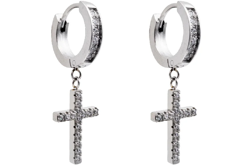 Ladies teardrop earrings-Mens Stainless Steel Hoop Cross Earrings With Cubic Zirconia