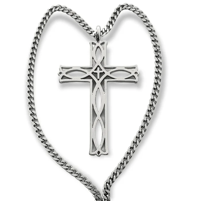 Ladies long necklaces-Cross Ichthus Fish Rhodium Metal Finish Pendant Curb Chain Necklace