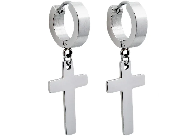 Ladies dangle earrings-Men's Stainless Steel Hoop Cross Earrings