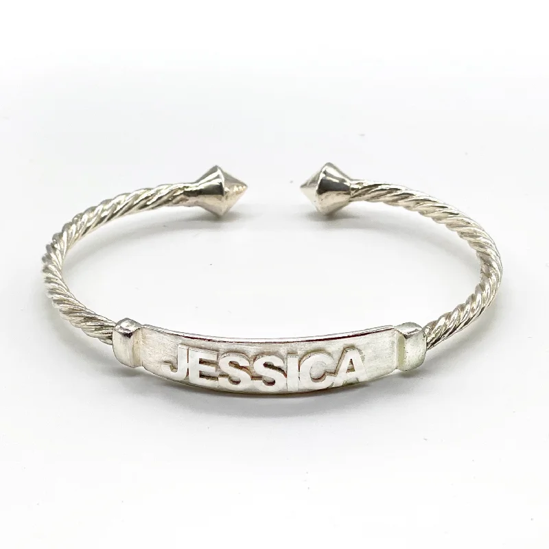 Better Jewelry Personalized .925 Sterling Silver Nameplate Coiled Rope Bangle w. Thick Pyramid Ends (Made in USA)