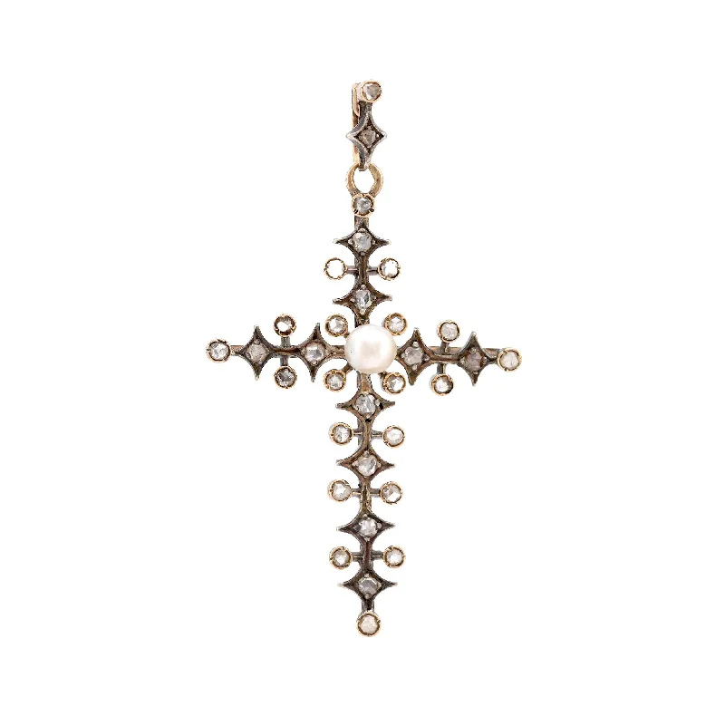 Ladies rose gold necklaces-Antique Pearl Diamond 18K Yellow Gold Silver Cross Pendant