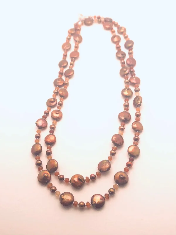 Ladies floral necklaces-Copper Coin Blister and Potato Pearls, Hessonate Garnet Necklace