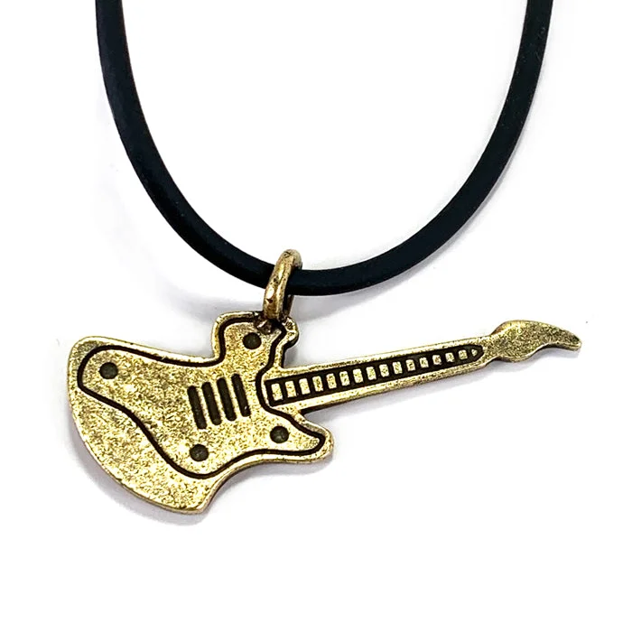 Ladies statement pendant necklaces-Electric Guitar Antique Brass Pewter Necklace