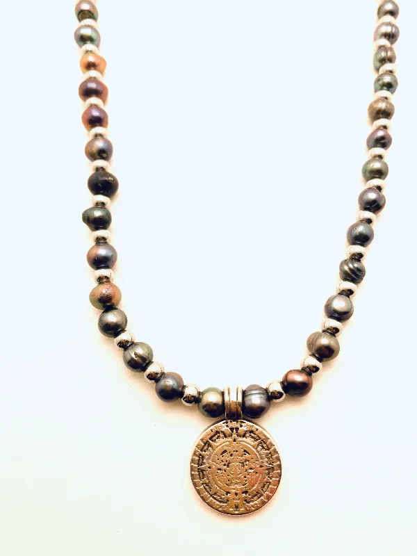 Ladies boho style necklaces-Black Freshwater Pearl Coin Necklace