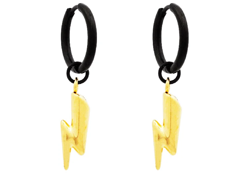 Ladies ruby earrings-Mens Two-Toned Gold and Black Stainless Hoop Earrings With Thunder Bolts