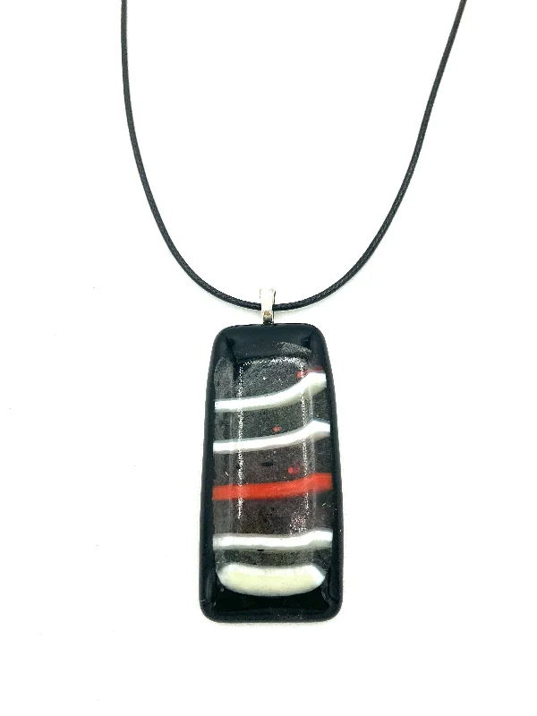 Ladies personalized charm necklaces-Necklace with Fused Glass Pendant, Large Pendant, Black with Stripes