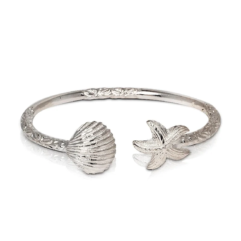 Solid .925 Sterling Silver Summer Dream Bangle, Scallop Sea Shell w. Starfish Ends Bangle, 1 piece