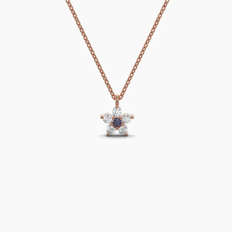 Ladies gemstone cluster necklaces-Double Sided Diamond & Sapphire Flower Necklace