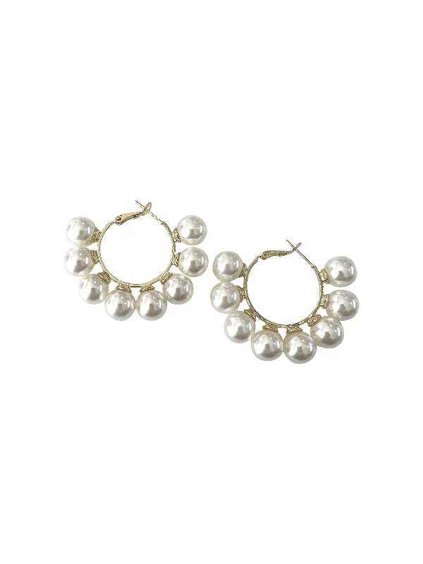 Ladies crystal earrings-Pearl Outside Hoop