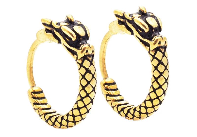 Ladies boho chic earrings-Men's Gold Stainless Dragon Hoop Earrings