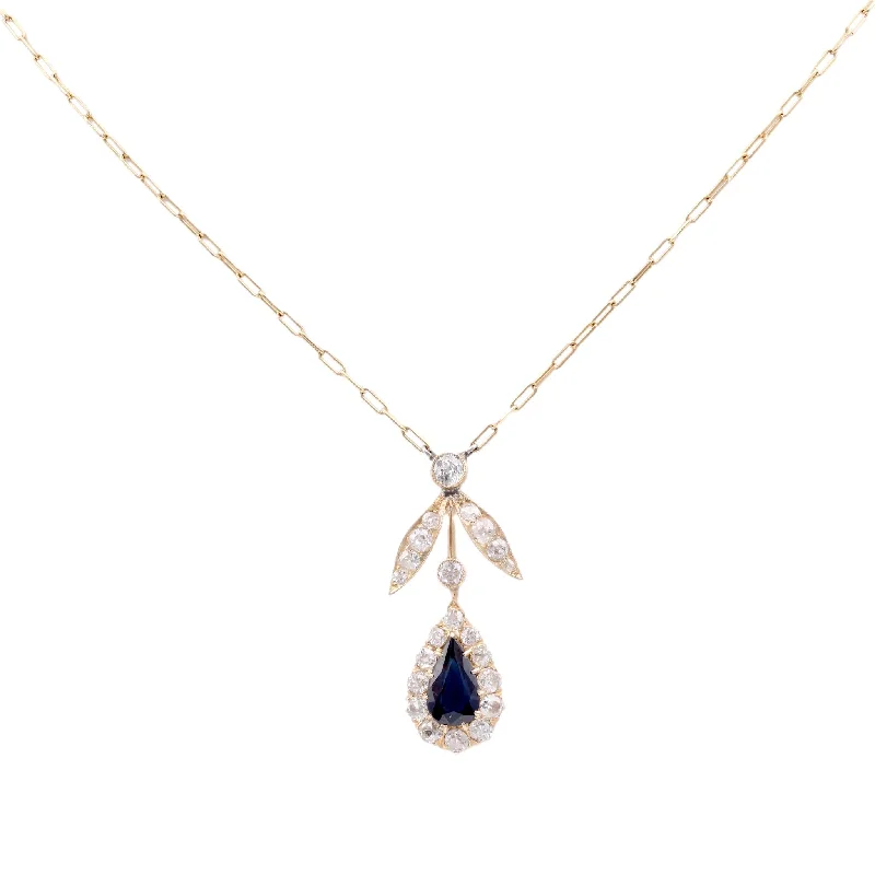 Ladies minimalist necklaces-Edwardian Sapphire Diamond 18K Yellow Gold Cluster Necklace