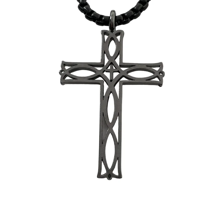 Ladies fashion necklaces-Cross Ichthus Fish Dark Metal Finish Pendant Dark Finish Heavy Chain Necklace