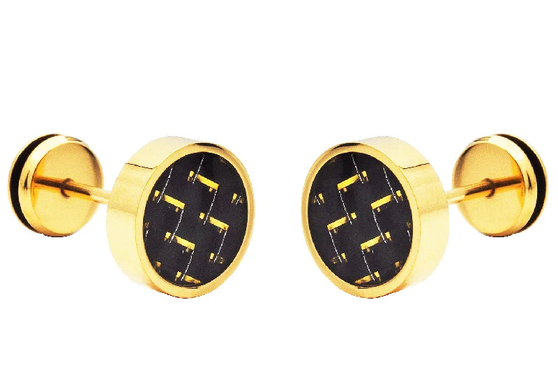 Ladies heart-shaped earrings-Mens 9mm Gold Plated Stainless Steel Earrings With Gold Carbon Fiber