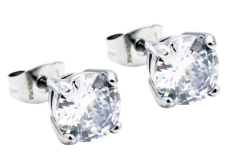 Ladies fashion statement earrings-Mens 7mm Stainless Steel Earrings With Cubic Zirconia