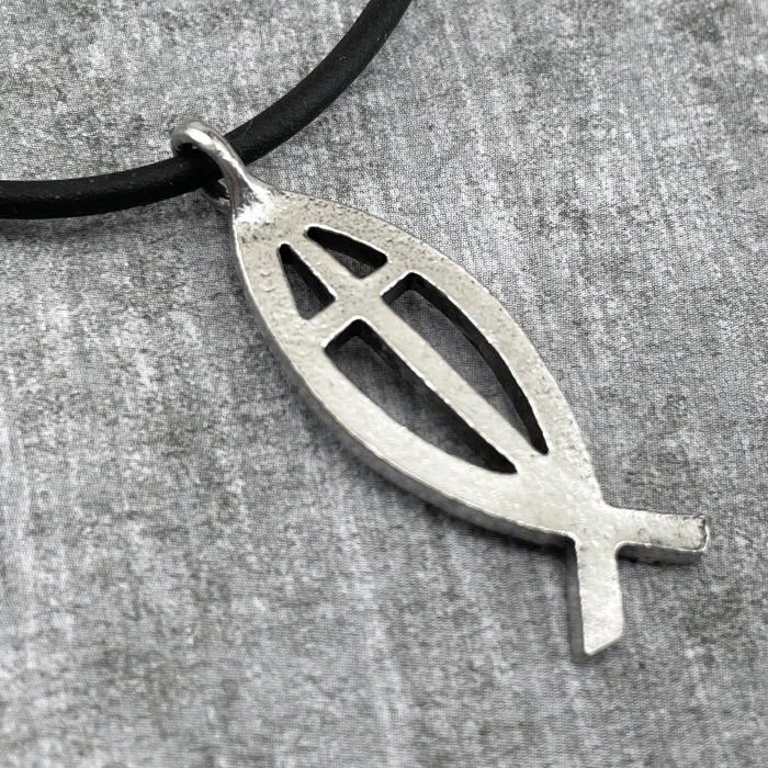 Ladies gemstone drop pendant necklaces-Cross Ichthus Jesus Fish Silver Finish Black Cord Necklace