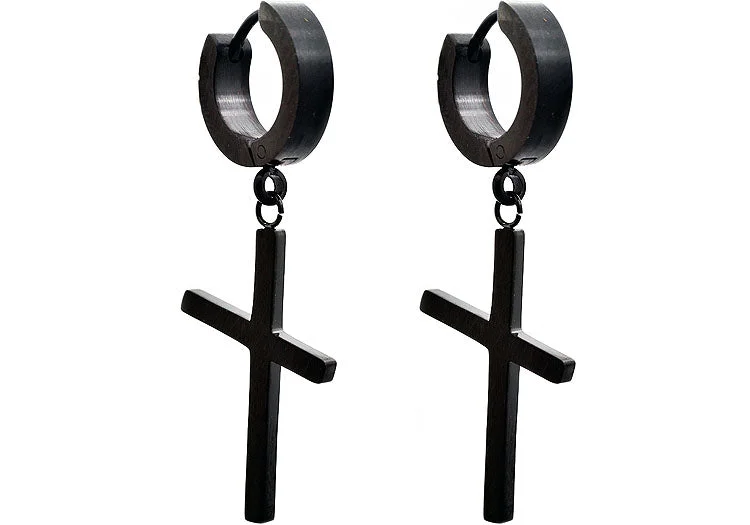 Ladies dangly earrings-Mens Black Stainless Steel Hoop Cross Earrings