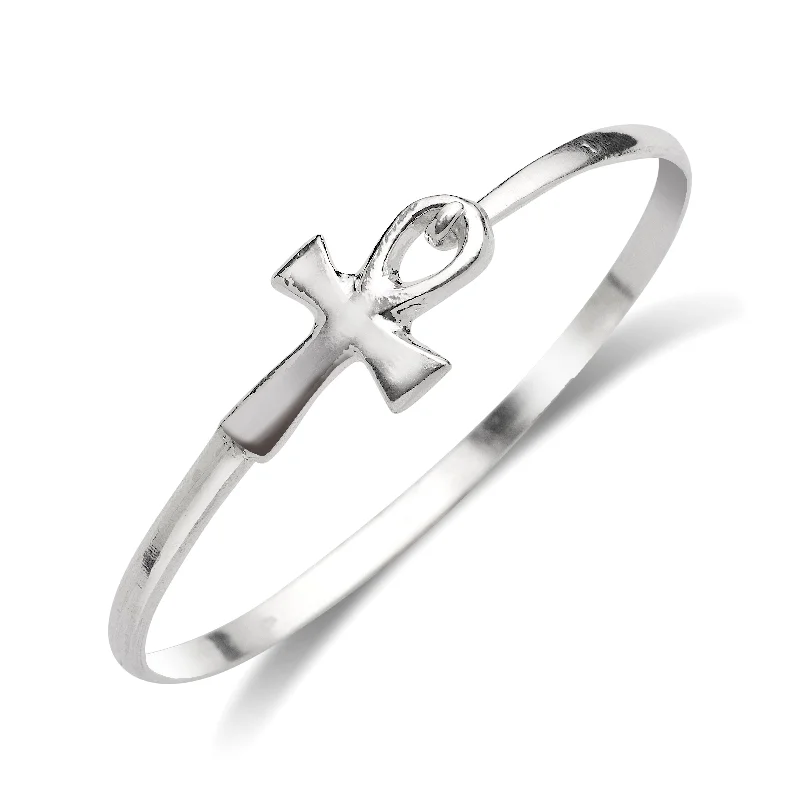 Small Smooth Ankh Cross .925 Sterling Silver Hook Bangle, 1 piece