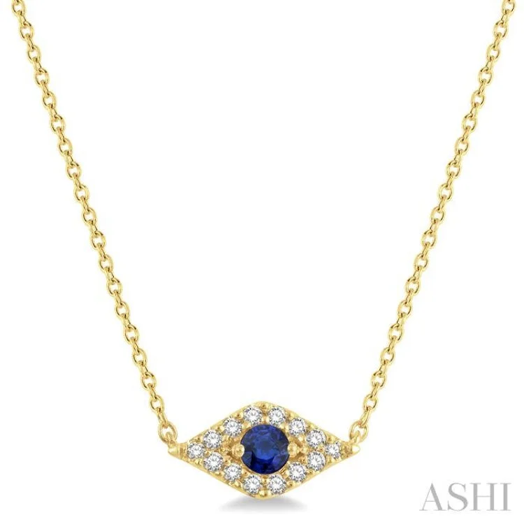 Ladies ruby necklaces-1/10 Ctw Evil Eye Round Cut Diamond & 2.60MM Round Cut Sapphire Precious Petite Fashion Necklace in 10K Yellow Gold