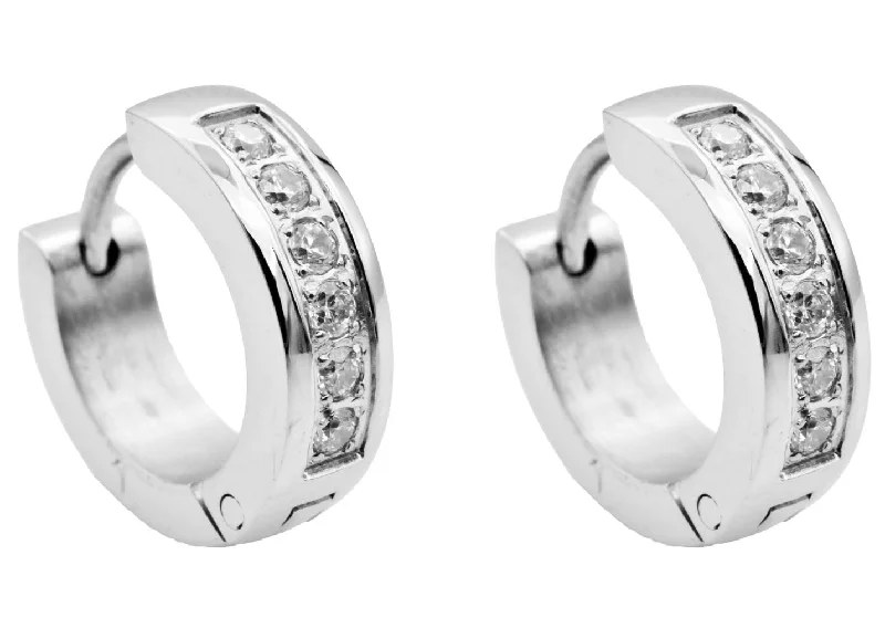 Ladies vintage diamond earrings-Men's 14mm Stainless Steel Hoop Earrings With Cubic Zirconia