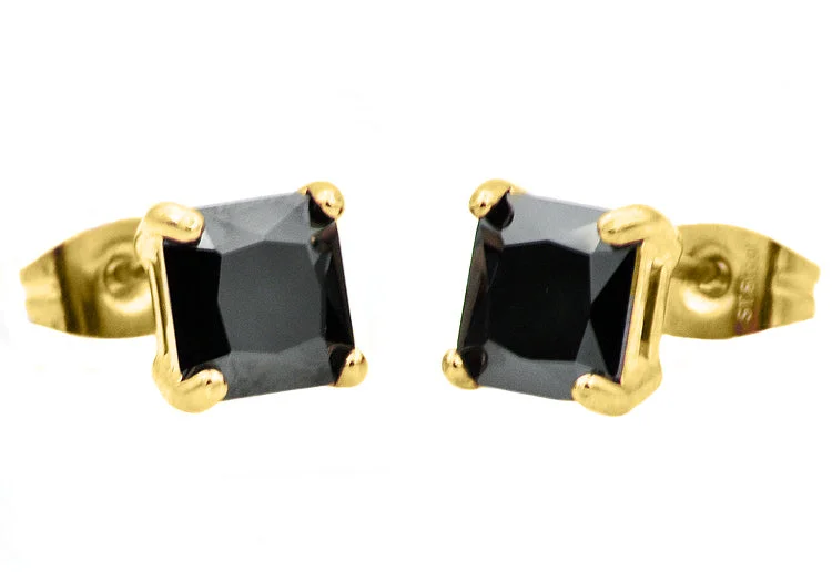 Ladies tribal earrings-Mens 7mm Gold Plated Black Cubic Zirconia Gold Stainless Steel Square Stud Earrings