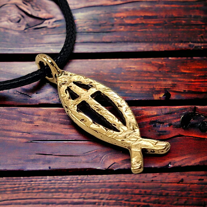 Ladies vintage-inspired necklaces-Ichthus Fish Cross Hammered Gold Metal Finish Black Cord Necklace