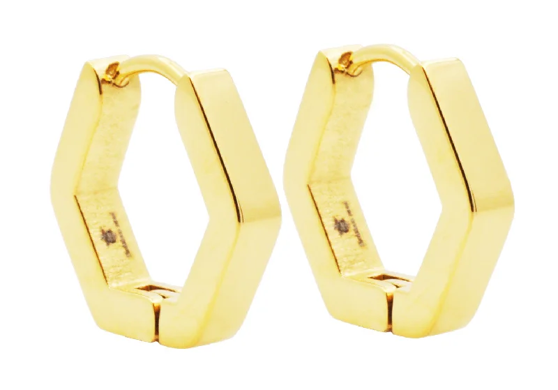 Ladies adjustable earrings-Men's Gold Stainless Steel Hexagon Hoop Earrings