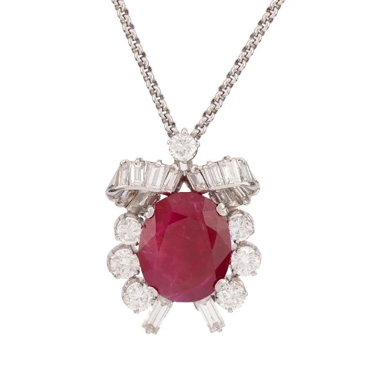 Ladies twisted chain necklaces-Mid Century 11.6 Carat Burma No Heat Ruby Diamond Platinum Necklace