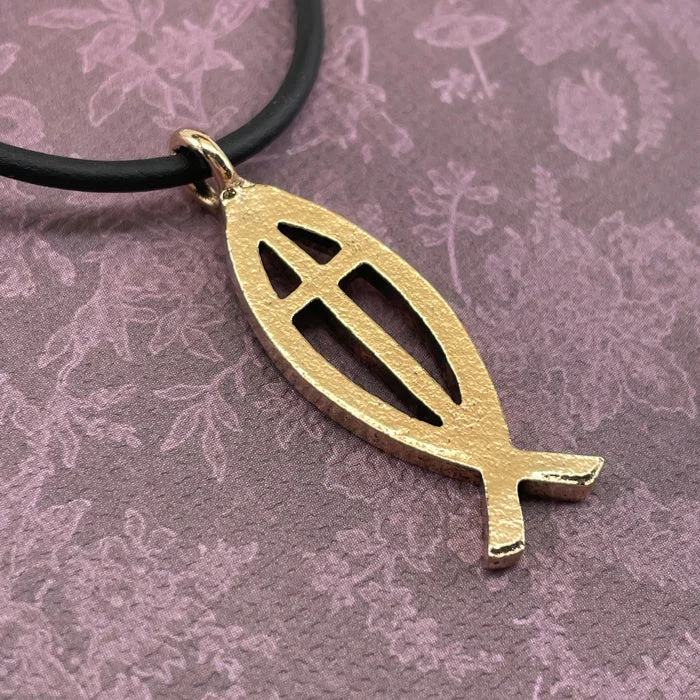 Ladies gold chain necklaces-Cross Ichthus Jesus Fish Gold Finish Black Cord Necklace