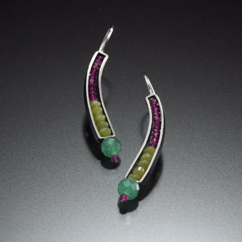 Ladies silver hoop earrings-Gemstone Curve Earrings (green)