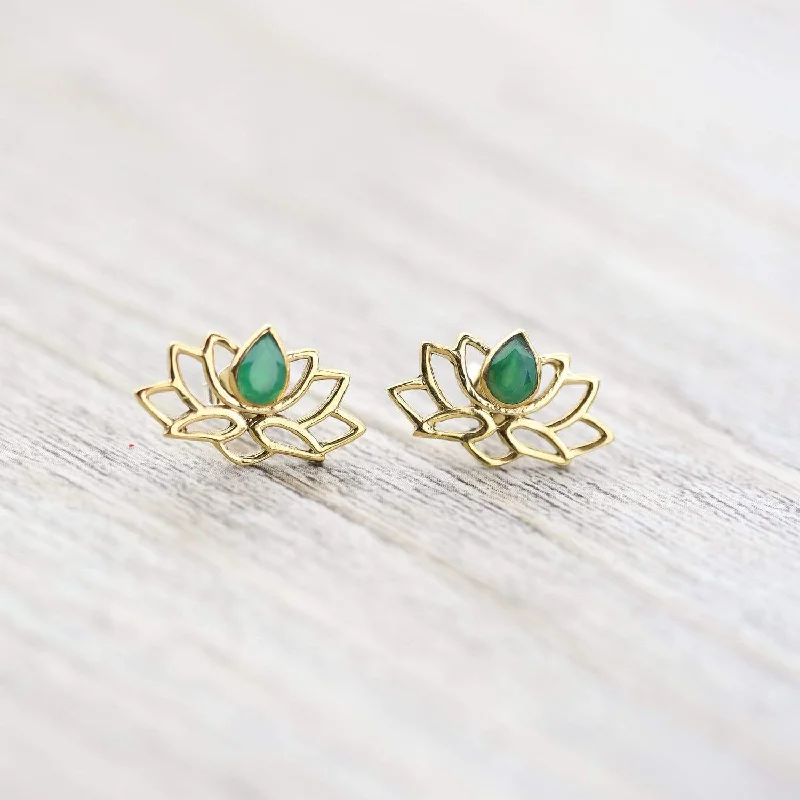 Ladies large stud earrings-Emerald Lotus Earrings