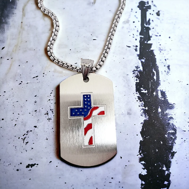 Ladies cross necklaces-American Flag Cross Tag Stainless Steel Heavy Chain Necklace