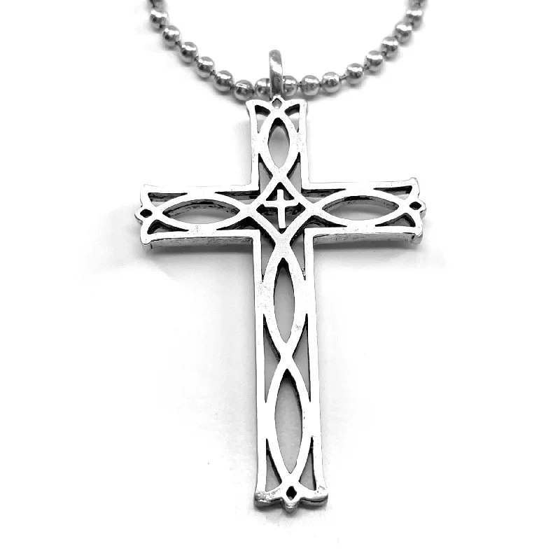 Ladies emerald necklaces-Cross Ichthus Fish Antique Silver Necklace Ball Chain