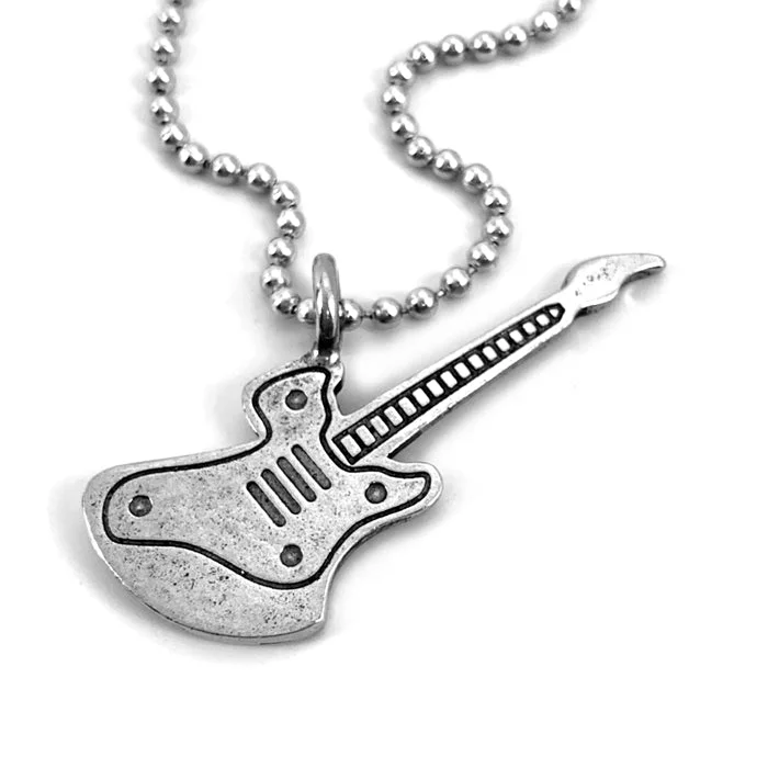 Ladies personalized gold necklaces-Electric Guitar Antique Silver Ball Chain Necklace