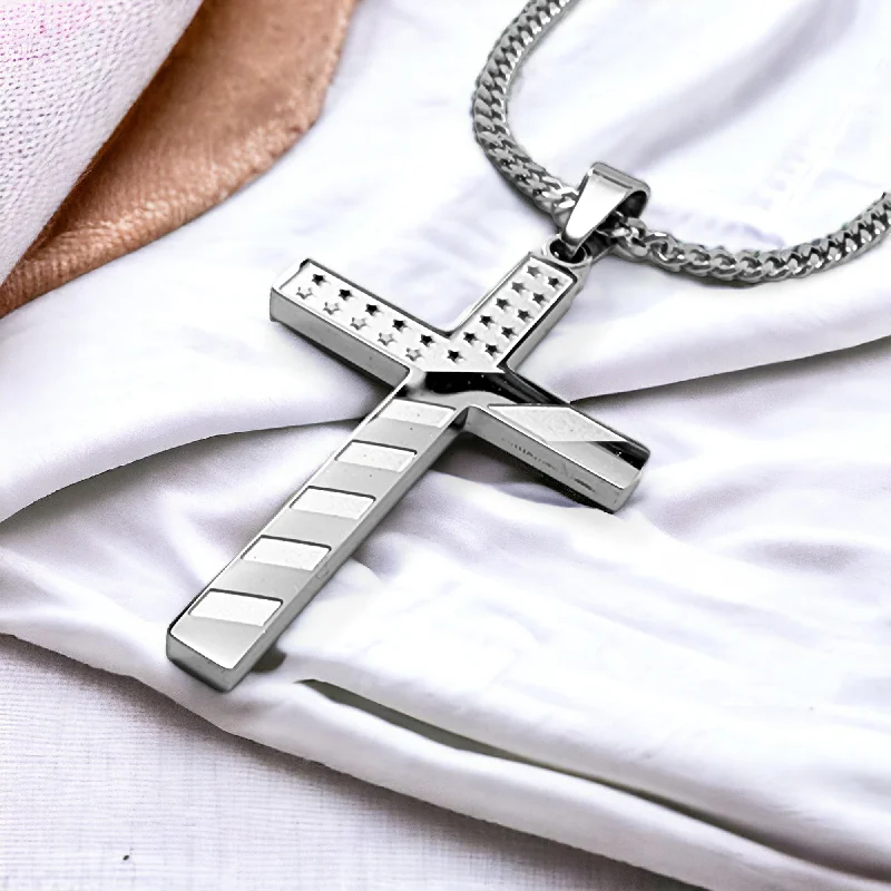 Ladies minimalist necklaces-American Flag Cross Stainless Steel Curb Chain Necklace