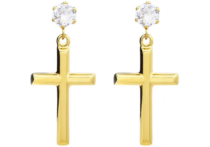 Ladies classic earrings-Mens Gold Stainless Steel Cross Earrings With Cubic Zirconia