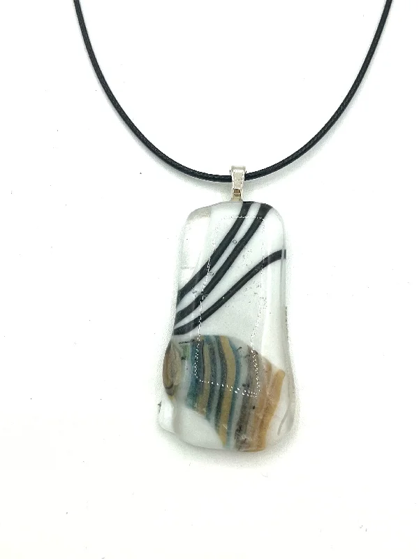 Ladies vintage necklaces-Necklace with Fused Glass Pendant, Small Pendant, White with Stripes