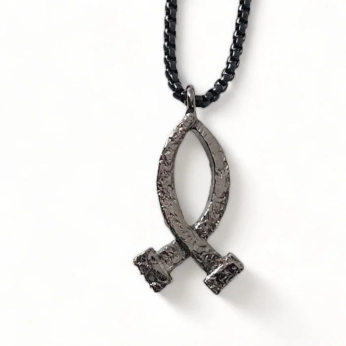 Ladies boho style necklaces-Ichthus Dark Finish Large Fish Hammered Finish Dark Heavy Chain Necklace