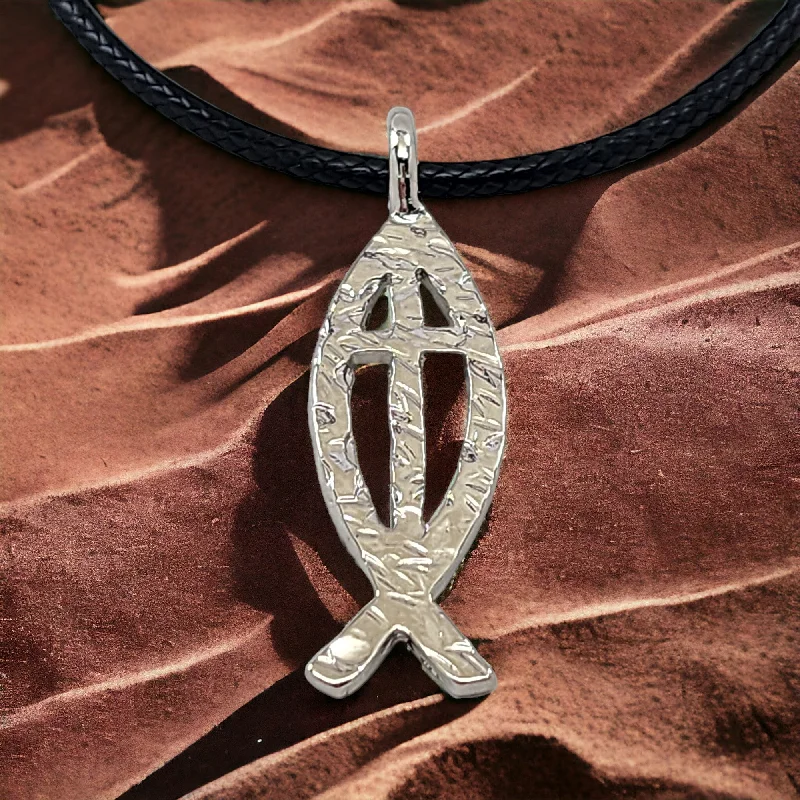 Ladies delicate necklaces-Ichthus Fish Cross Hammered Rhodium Metal Finish Black Cord Necklace