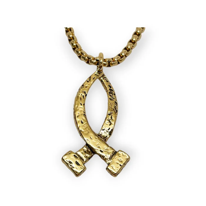 Ladies bridal necklaces-Ichthus Large Fish Gold Finish Pendant Gold Finish Heavy Chain Necklace