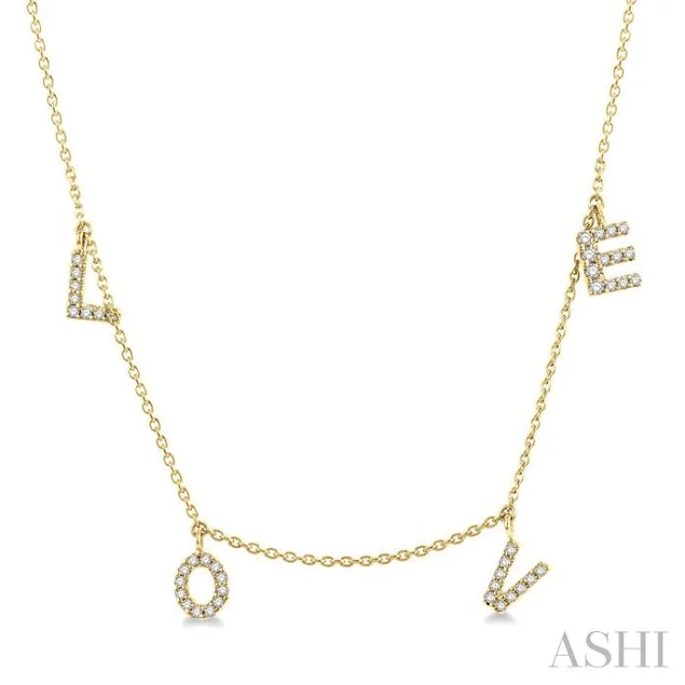 Ladies gemstone pendant necklaces-1/6 Ctw 'LOVE' Round Cut Diamond Station Necklace in 14K Yellow Gold