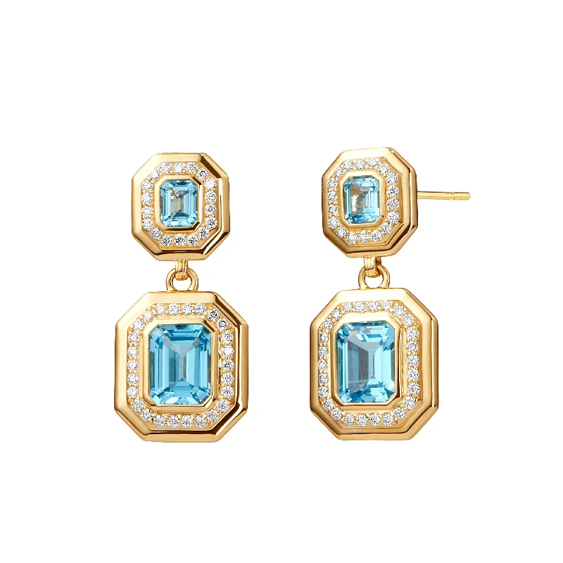 Ladies gemstone earrings-Blue Topaz Diamond Geometrix Earrings