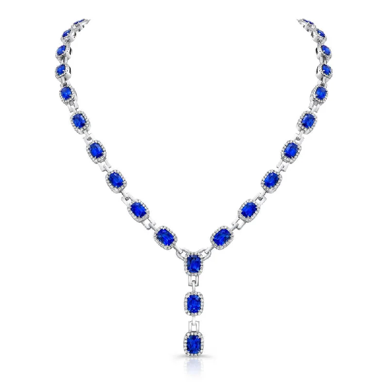 Ladies elegant necklaces-Uneek Cushion-Cut Blue Sapphire Y Necklace