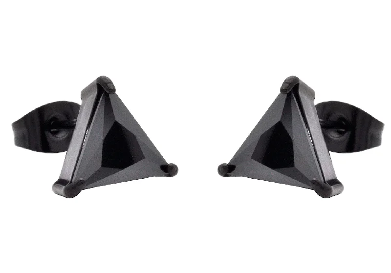 Ladies bridal earrings-Mens 10mm Cubic Zirconia Black Stainless Steel Triangle Stud Earrings