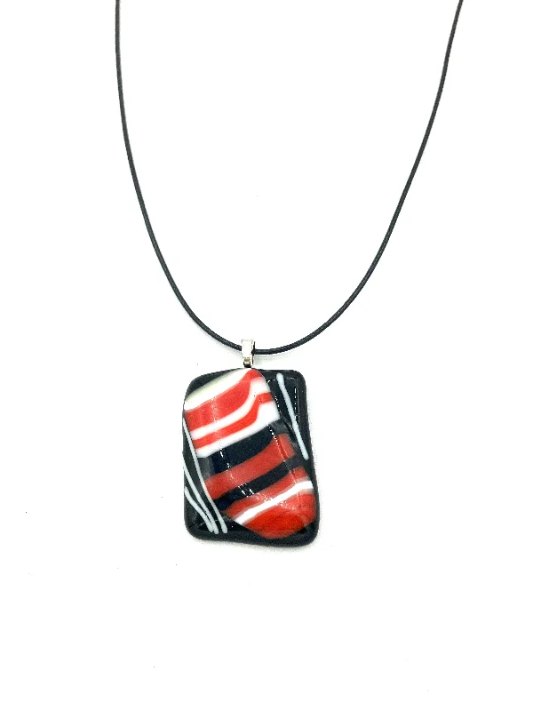 Ladies gold necklaces-Necklace with Fused Glass Pendant, Small Pendant, Black with Red Stripes