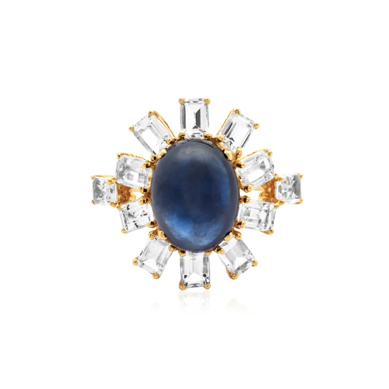 Ladies bridal rings-Blue Sapphire And White Topaz Rings In 18K Yellow Gold