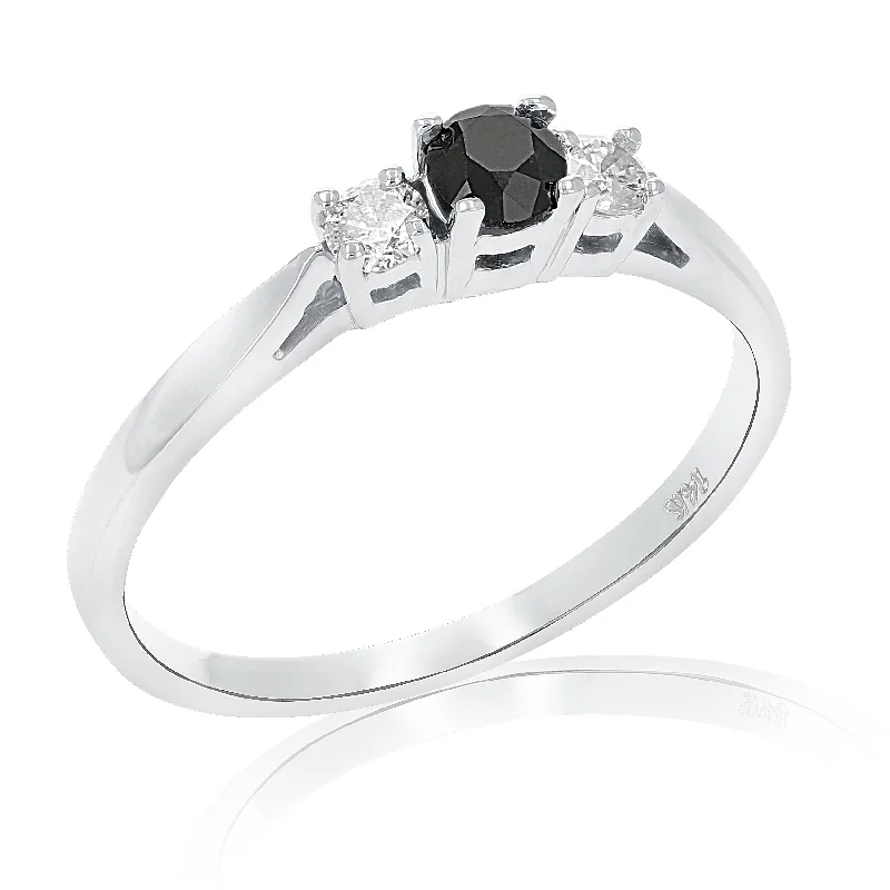 Ladies pear shaped engagement rings-1/2 cttw 3 Stone Black and White Diamond Engagement Ring 14K White Gold