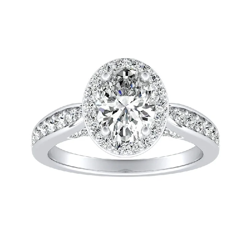 Ladies engagement rings with side stones-Modern Oval-cut Halo Diamond Engagement Ring 1 1/2cttw 14k Gold by Auriya